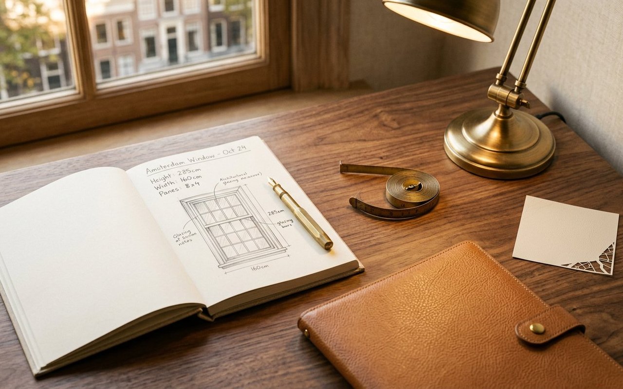 A studio writing desk in late afternoon light — open notebook with handwritten window measurements, a fountain pen, a vinyl edge swatch, brass desk lamp. Week 1 of a WindowMaps commission.