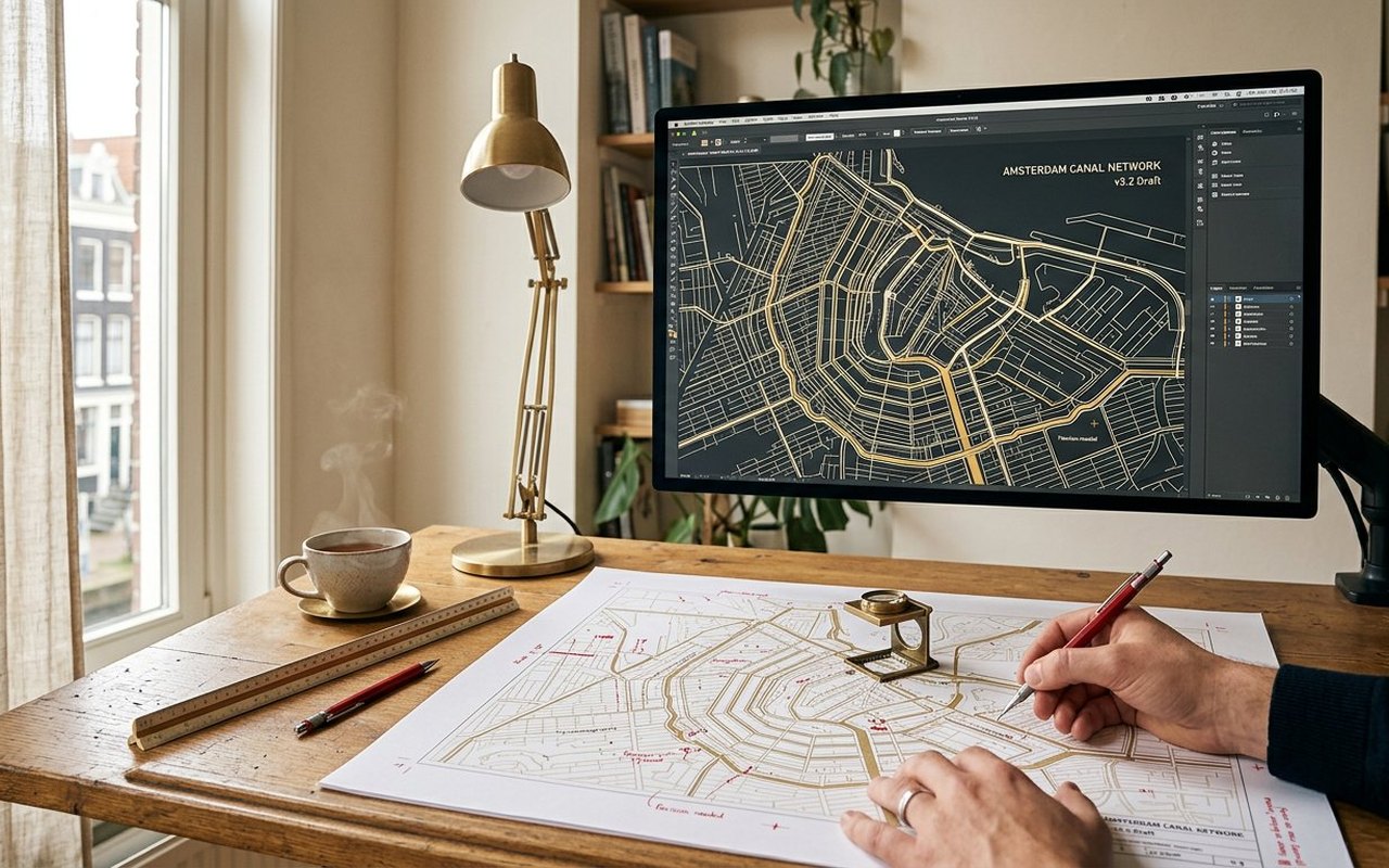 A designer at a drafting table refining a vector city map on a large display — paper proof with red pencil marks beside the keyboard, brass-tone overlay on the screen. Weeks 2 to 3 of a WindowMaps commission.