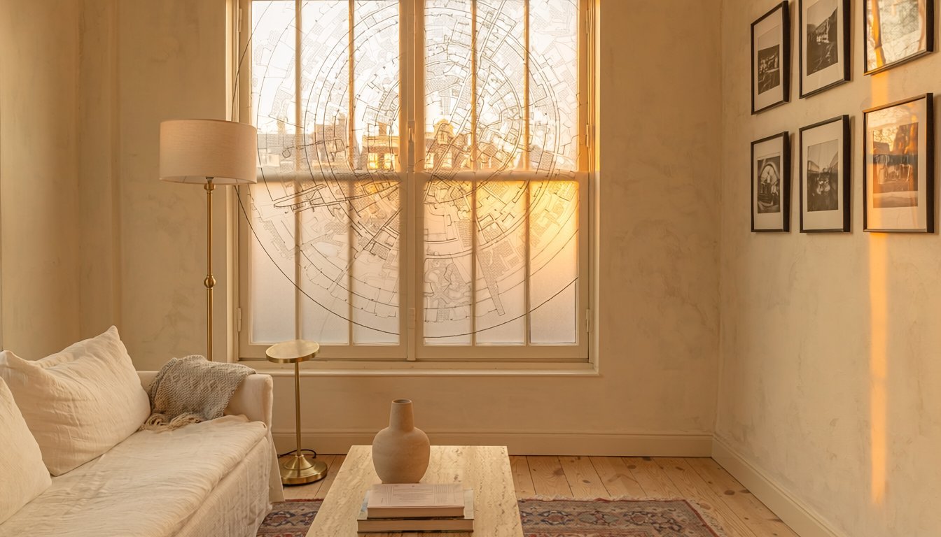 A 17th-century Amsterdam canal-house parlour at late afternoon, a circular antique-chart cartography rendered on the tall window, cream linen sofa and brass floor lamp.