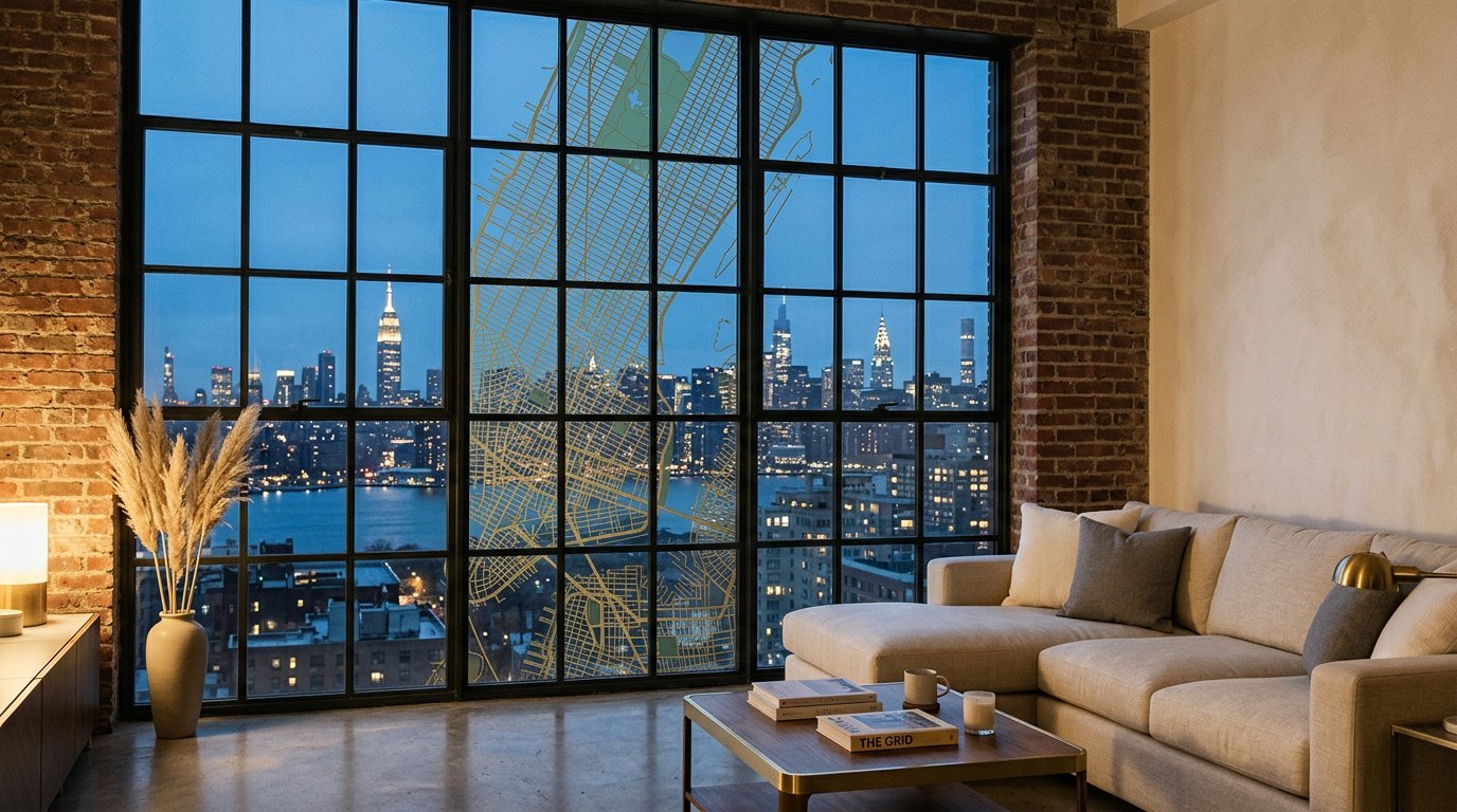 A converted Manhattan loft at blue-hour dusk; the Manhattan street grid and Central Park rendered in brass on a tall industrial steel-mullion window, exposed red brick walls on either side.