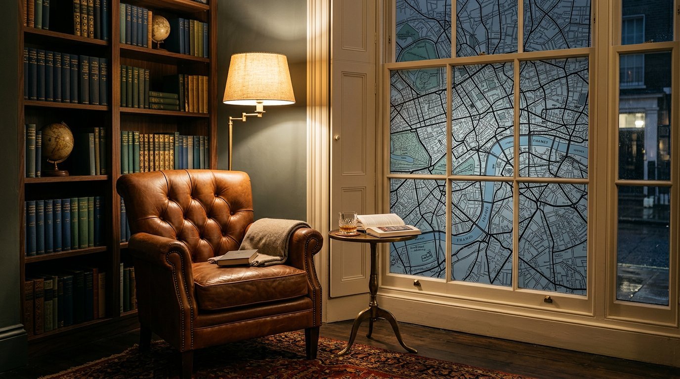 A Georgian English townhouse library reading nook at late evening: cognac Chesterfield chair beside a brass floor lamp, dark walnut bookshelves with cloth-bound spines, the Thames coiling through a central London street map on the window.