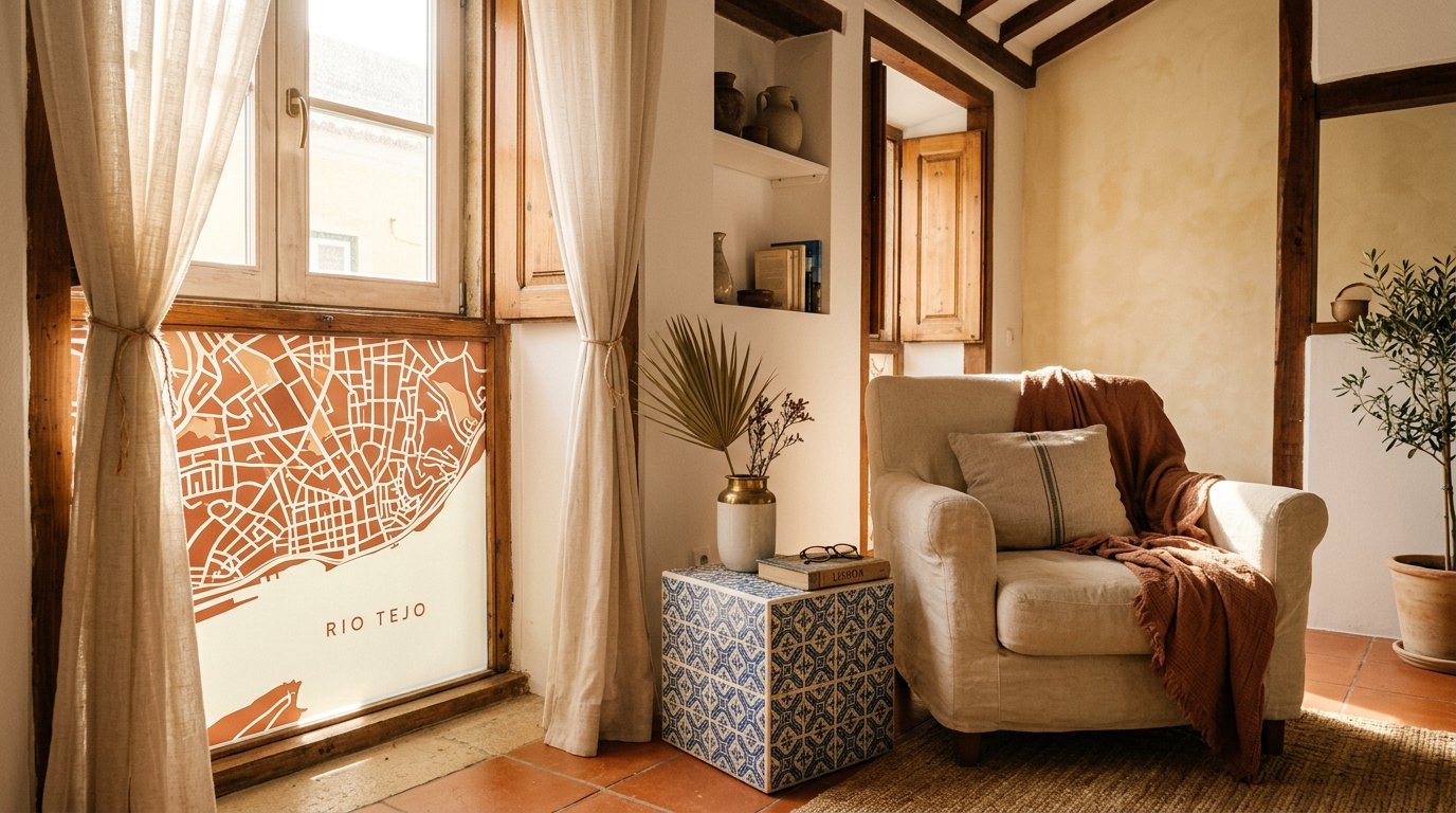 A sun-drenched reading corner in a renovated Lisbon townhouse: cream linen armchair, terracotta-tiled floor, a small azulejo blue-and-white tiled side cube, and the Baixa grid with Rio Tejo labelled in terracotta on the window.
